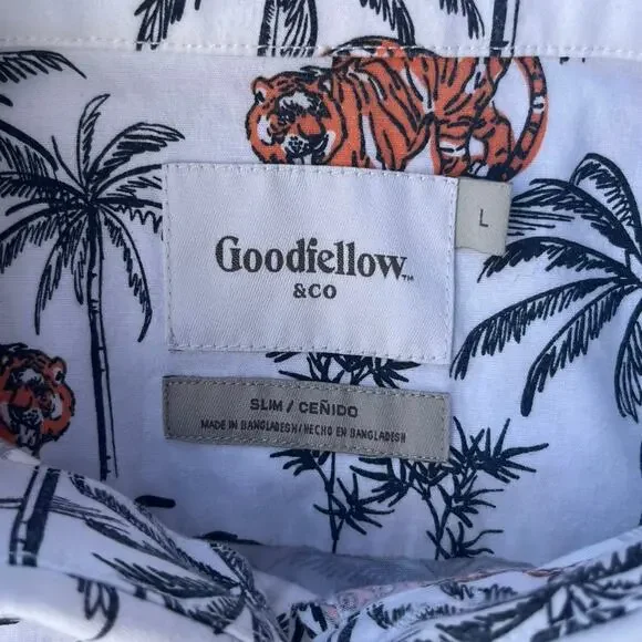 Goodfellow&Co Short Sleeve Collared Button Down Tiger Palm Tree Shirt Men L Slim - Picture 3 of 7